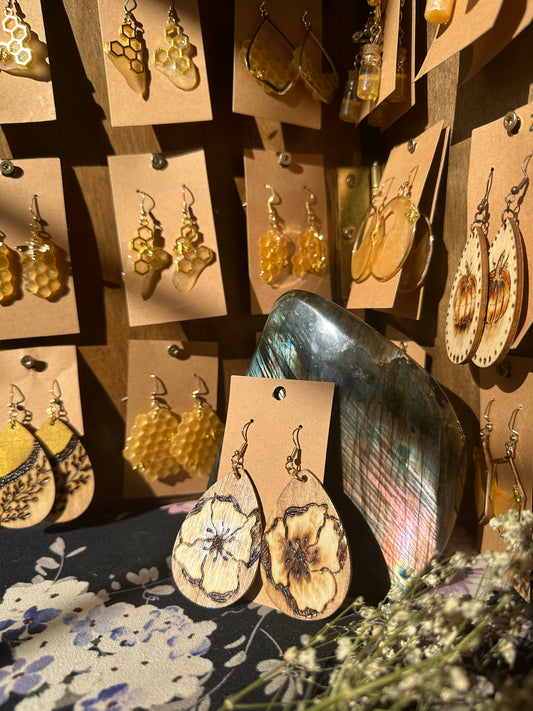 Woodburned Poppy Earrings