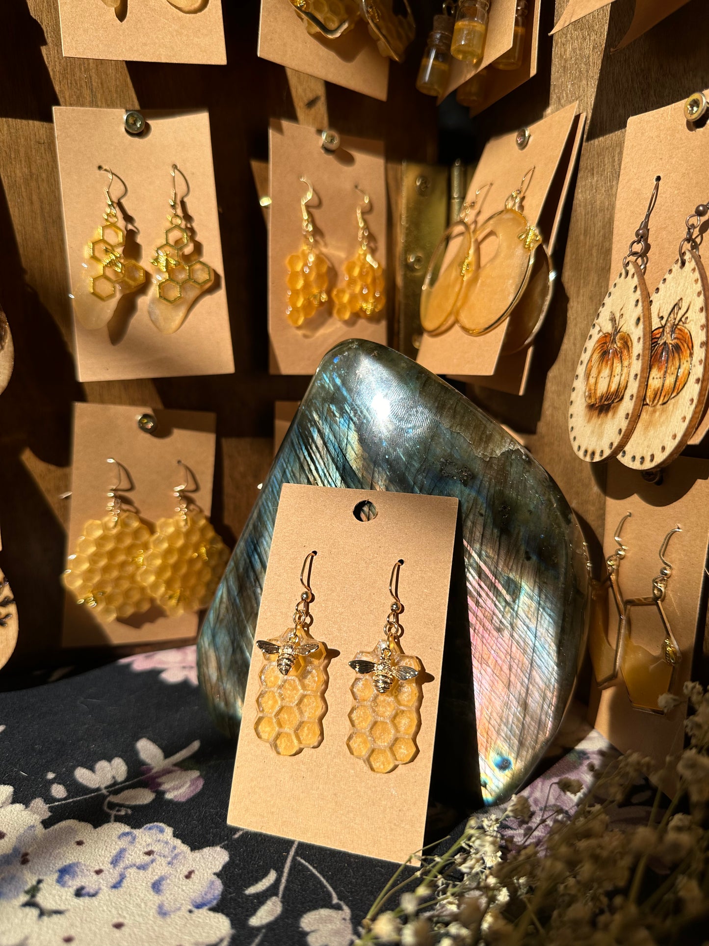 Honeycomb Earrings with 18k Gold Bee