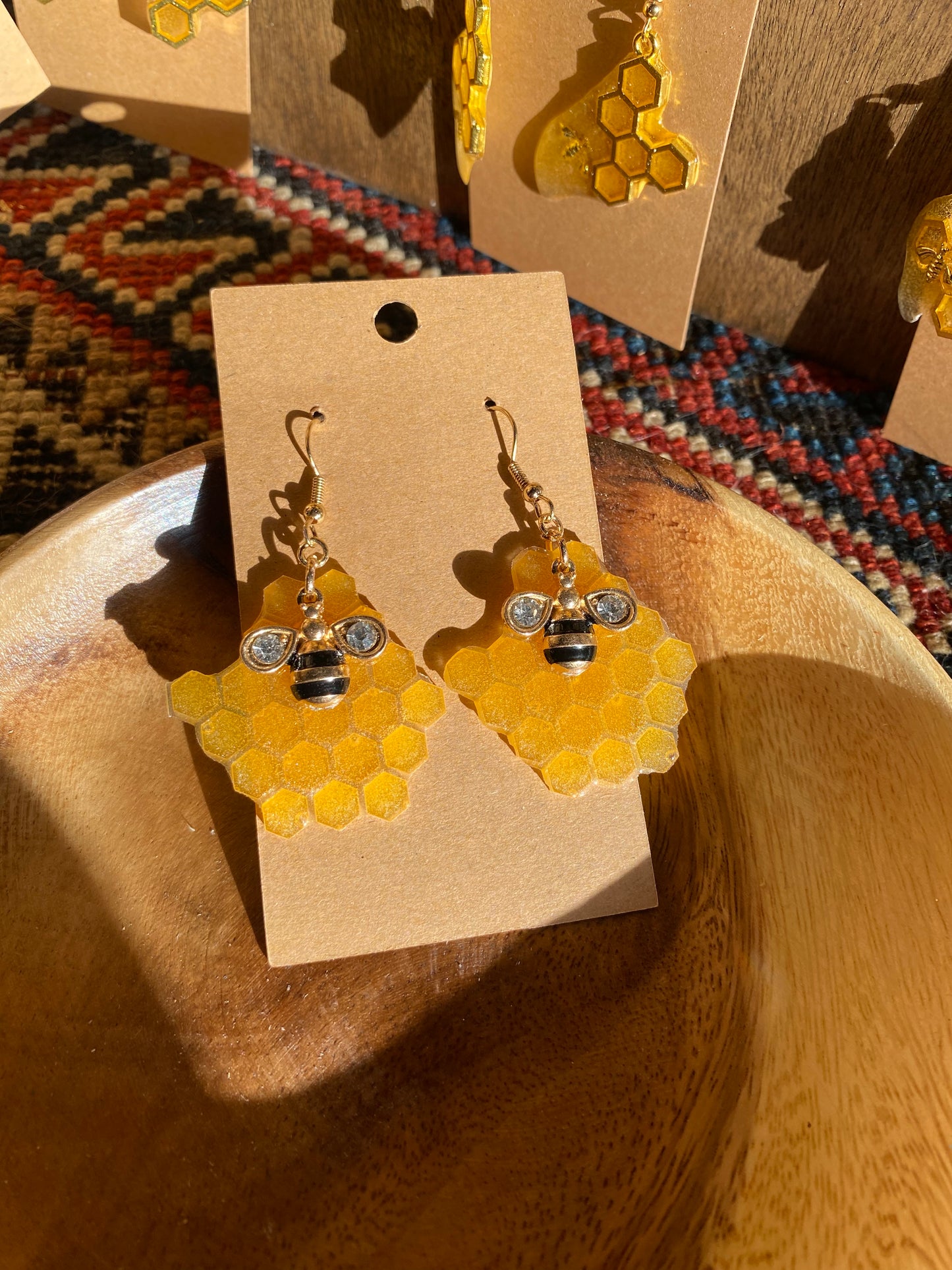 Honeycomb earrings with gold bee