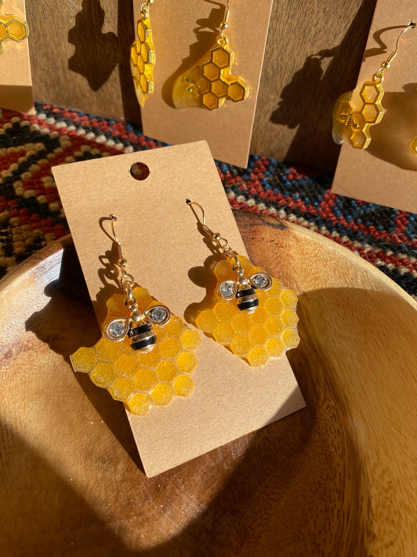 Honeycomb earrings with gold bee