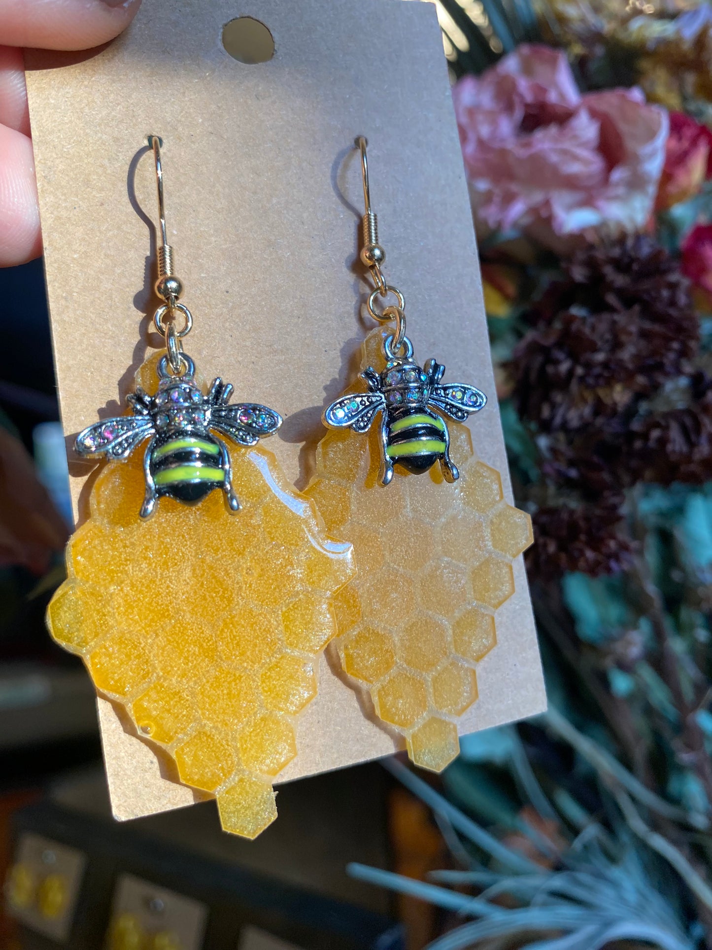 Honeycomb earrings with dangling bee